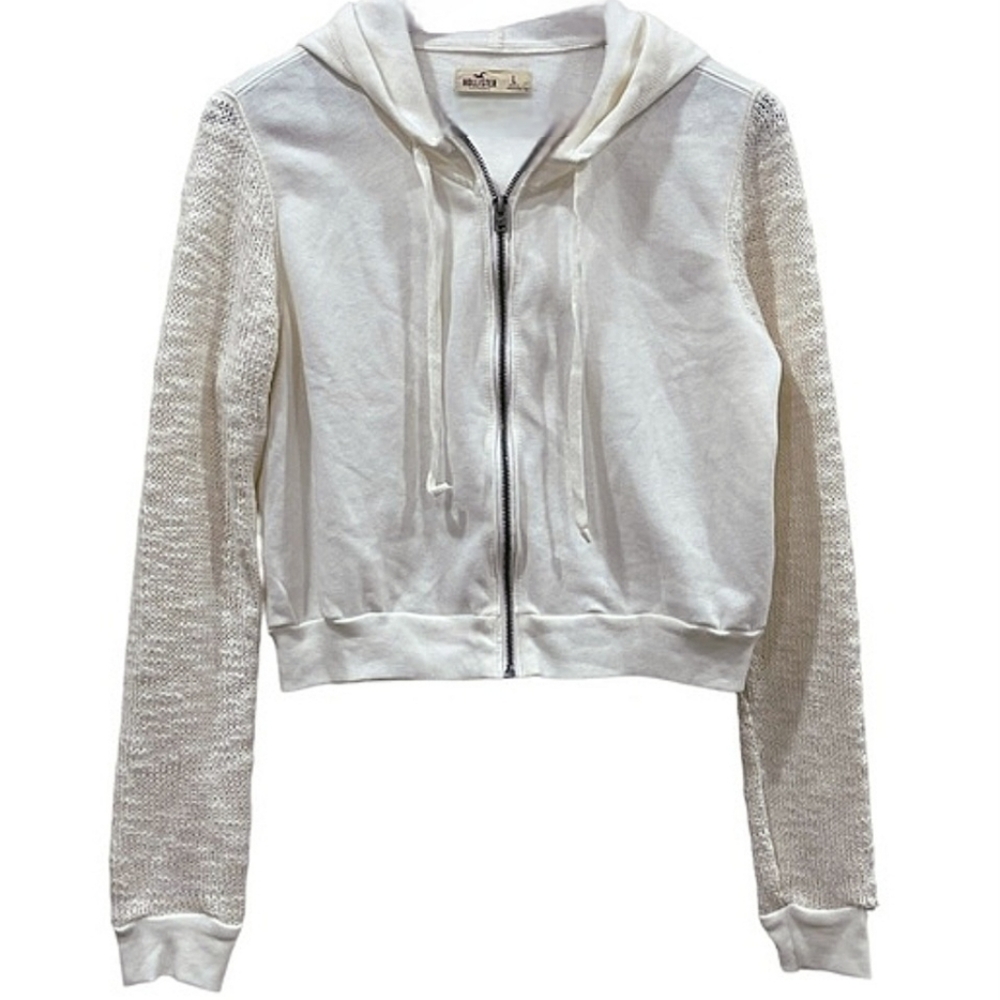 Hollister White Zip Up Hoodie with Knit Sleeves | EUC Size Small